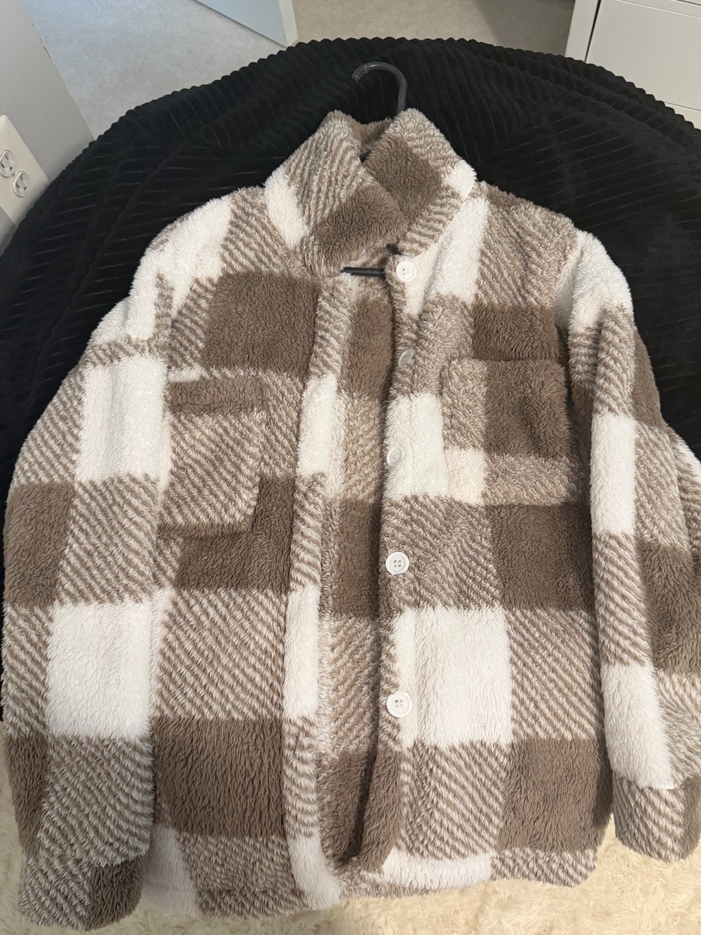 Plaid Teddy Jacket in Cream & Brown — Cozy Button-Front Coat
